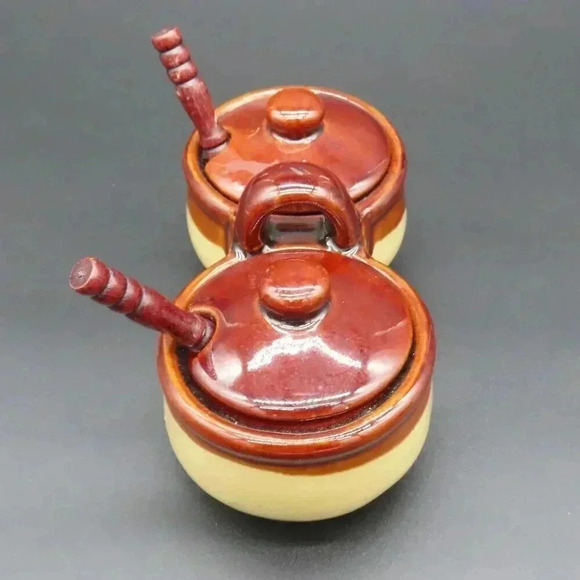 Crock Brown Drip Condiment Caddy Speckled Brown Glaze Vintage Stoneware - Picture 2 of 10